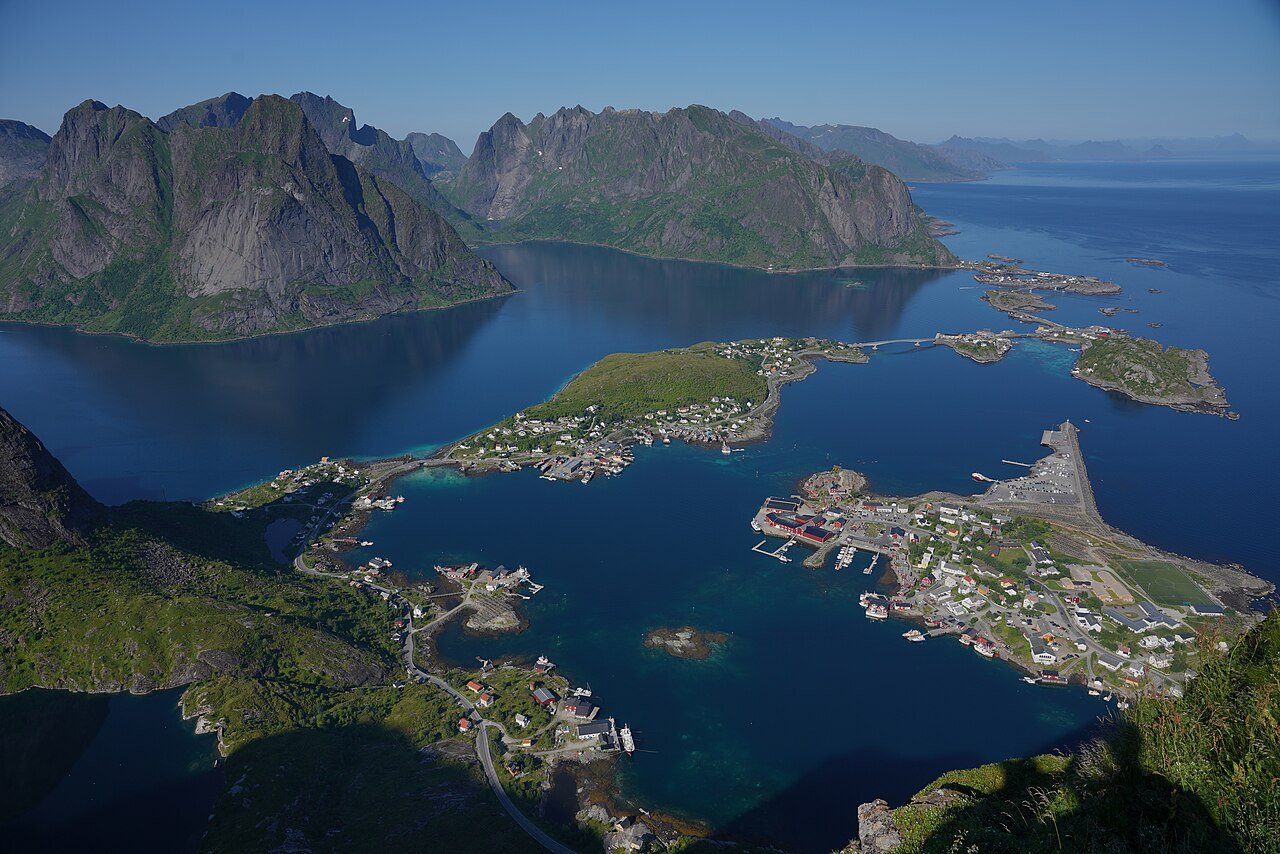 View from Reinebringen in the municipality of Moskenes, Nordland, Norway. Reinebringen is a 484-meter-high mountain above the Vestfjord near the fishing village of Reine. The mountain is one of the most popular hiking destinations for tourists in the