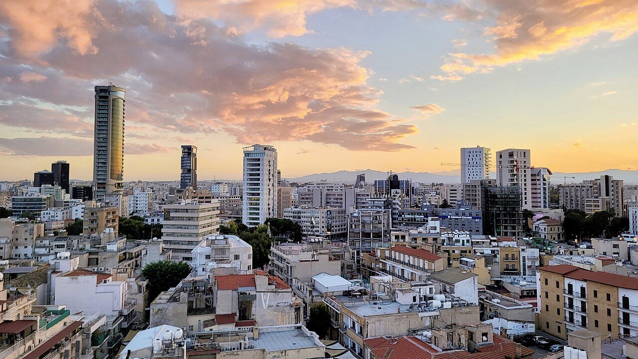 The skyline of Nicosia, Cyprus as seen from Shacolas Tower. Buildings in the image from left to right: Metropolitan, 360 Tower, Labs Tower, Tower 25, Wargaming HQ, Central Park Residence, Leventis Art Gallery.