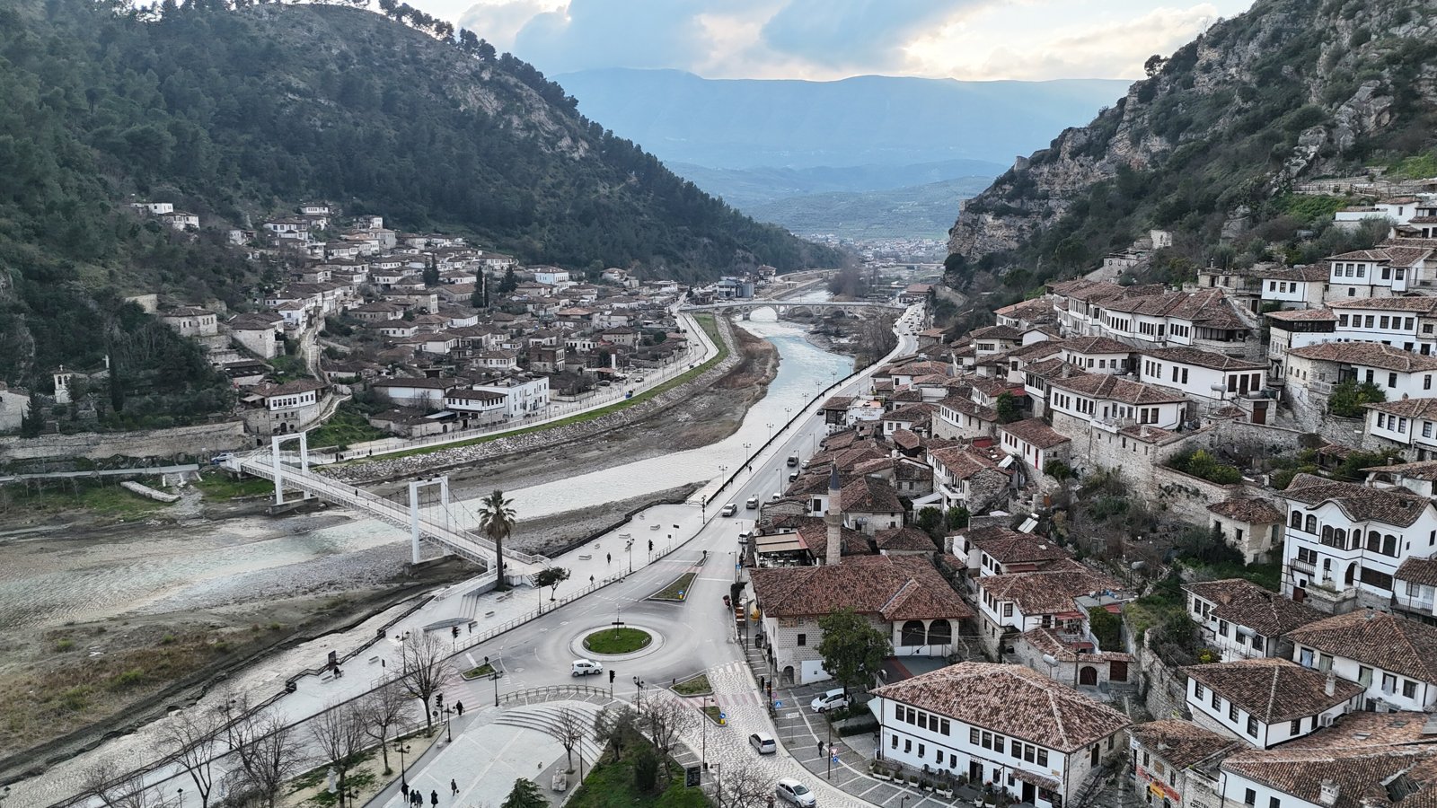 Aerial view of Berat - Mangalem, Goricë and River Osum