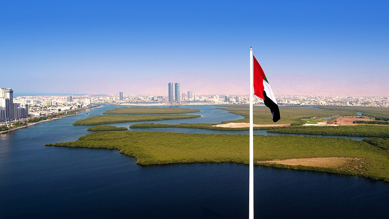 Aerial view of RAK City from Al Qawasim Corniche flagpole.